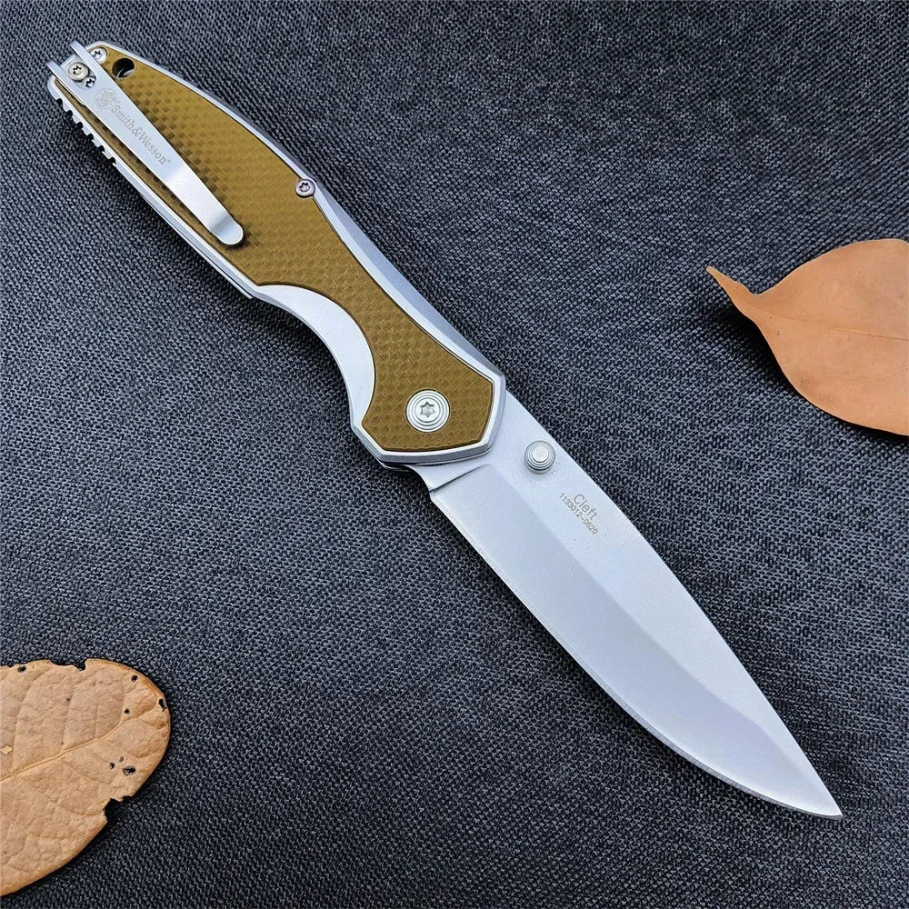 Smith & Wesson Cleft 0520 Assisted Folding Pocket Knife Satin Clip Point Blade Tan G10 and Stainless Steel Handles EDC Tools