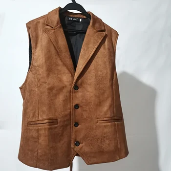 Vest Heren Casual Vest Man Faux Lederen Mode Leer Slank Vest Revers Klassiek Vintage Gilet Europese Stijl Heren