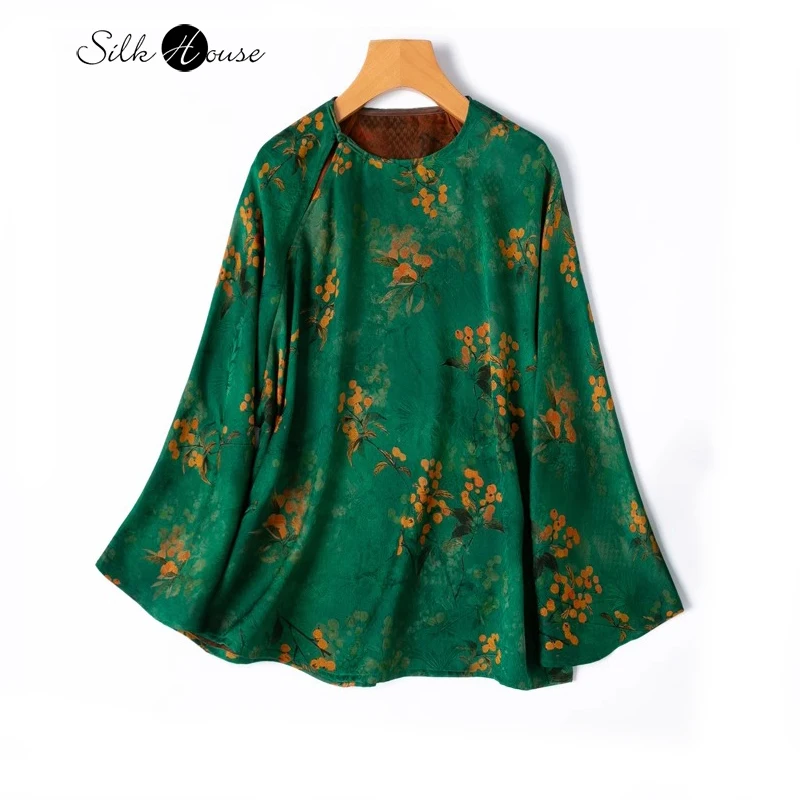 

100% Natural Mulberry Silk Twisted Silk Fragrant Cloud Yarn Round Neck with Flared Sleeves Loose T-shirt New Chinese Green Shirt