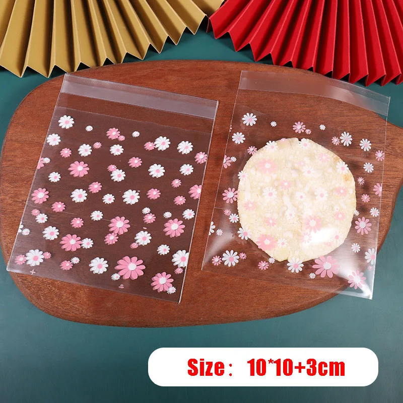 AQ 100pcs Transparent Sprinkled Cute Pink White Small Flowers Decor Festival Party Homemade Snack Cellophane Self-adhesive Bag