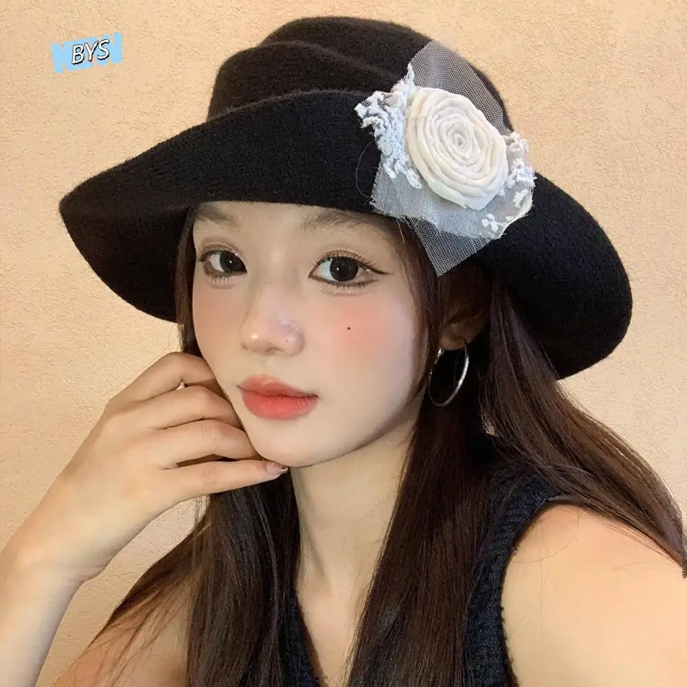 

Fashion Floral Hepburn Style Topper Hat French Style Lace Black Knitted Hat Oversized Wide Brim Women Fisherman Hat Funeral