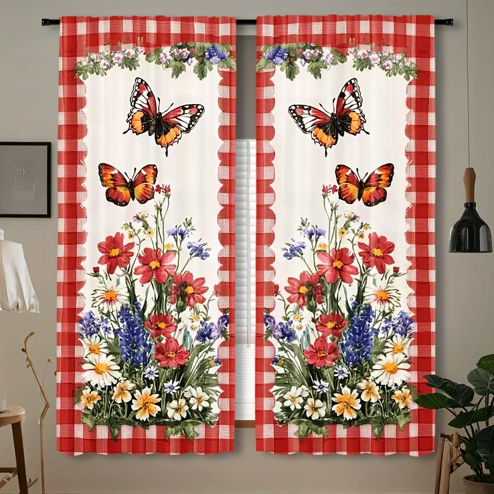 Vintage Checkered Colorful Butterfly Blackout Rod Pocket Curtain Mixed Wildflower Decor Farm Homestay Bedroom Rest Bay Window