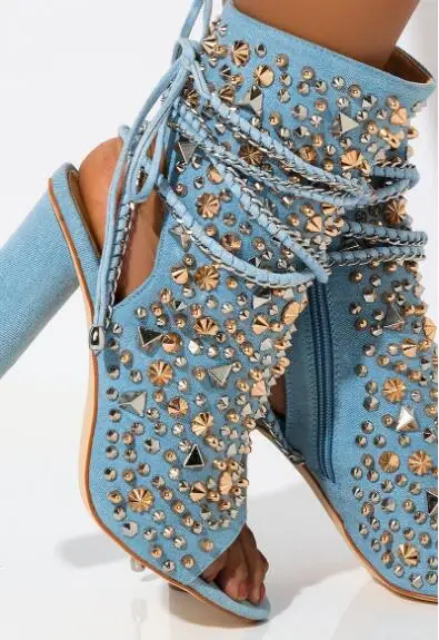 Blue Denim Mixed Metal Rivet Ankle Booties Braided Wrap Strap Open Toe Block Heel Stage Shoes