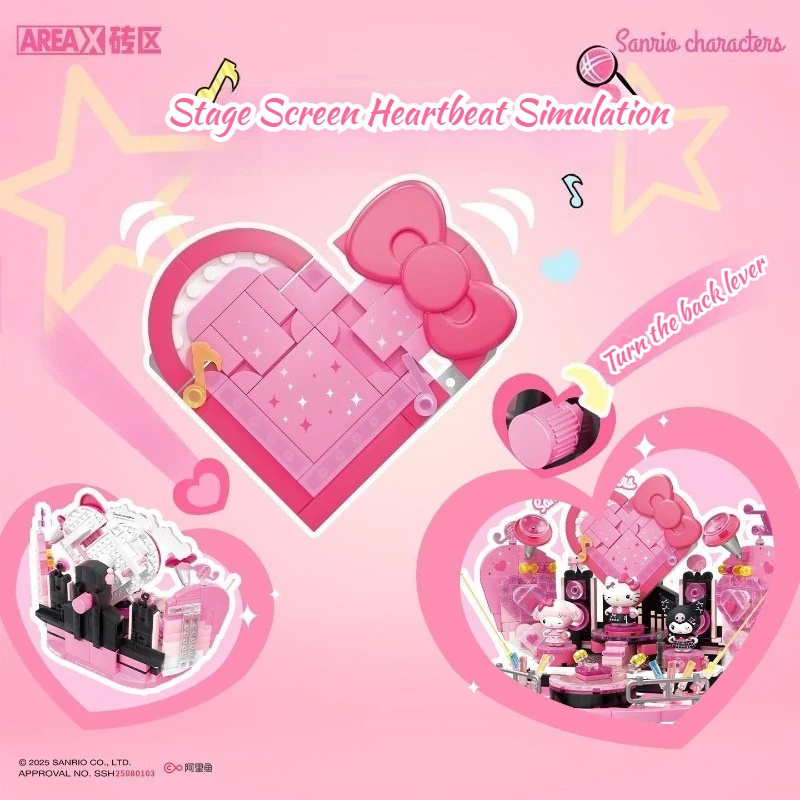 AREAX Sanrio Sweetheart Shining Stage Building Blocks Hello Kitty Kuromi Scene Model Bricks with Light Ornaments Collection Toys