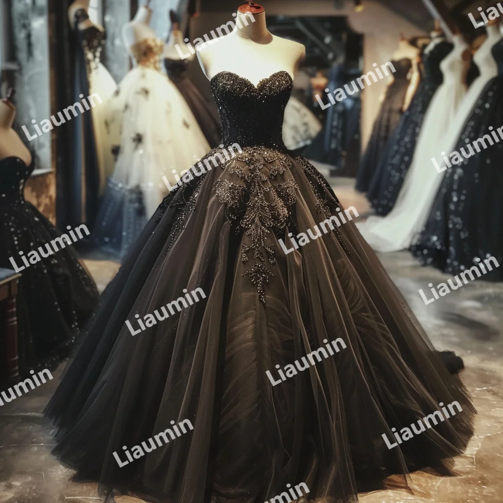 Gaun hitam Tulle baru dengan renda Applique gaun pesta tanpa tali gaun pesta Prom gaun acara Formal punggung renda A3-2.8 khusus