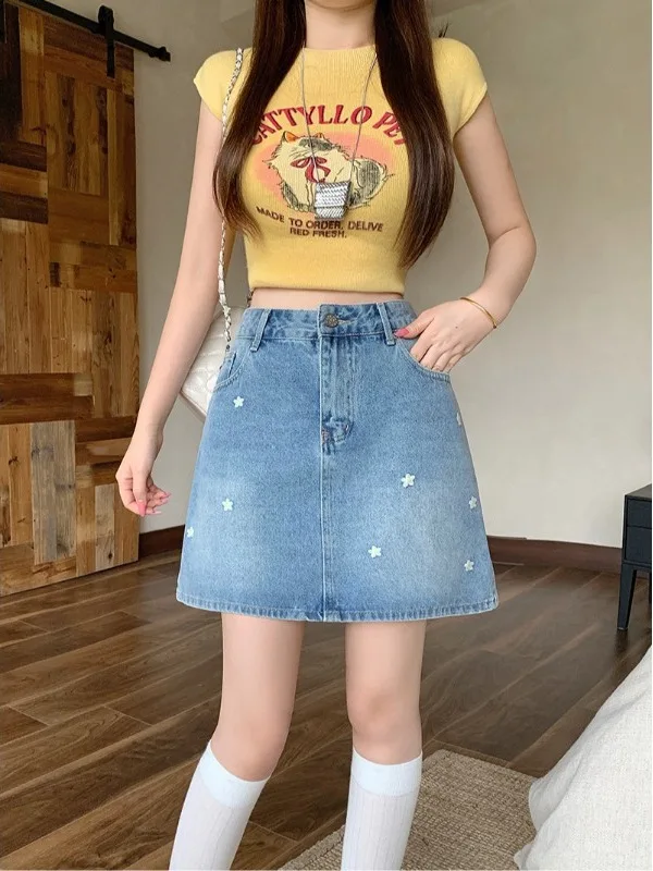 

plus Size Women's Retro Light Blue Embroidered Denim Skirt High Waist A-Line Skirt Summer New Style Korean Style Slim Fit