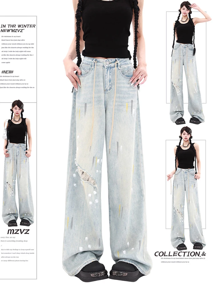 

Women Harajuku Baggy Hole Jean Trashy Y2k Japanese Streetwear Painting Vintage Denim Pants Trousers 2000s Aesthetic Grunge Kpop