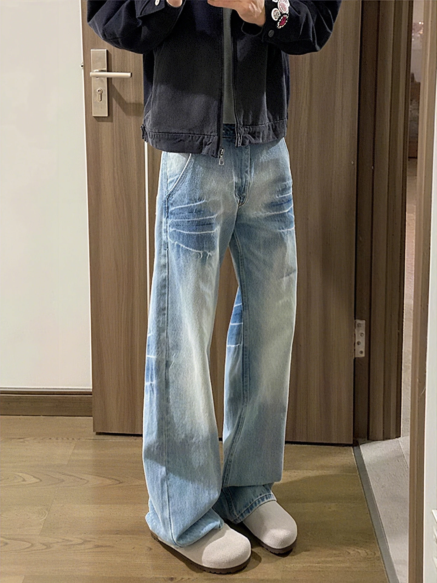 

Waed Blue Lightning Pattern Men's Straight Leg Jeans American High Street Vibe Micro Flare Pants Youth Casual Denim Jeans