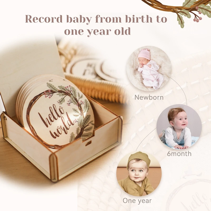 8PCS Newborns Tree Leaf Milestone 0-12 Month Card Wooden Baby Memories Birthday Party Decoration Children Photography Props