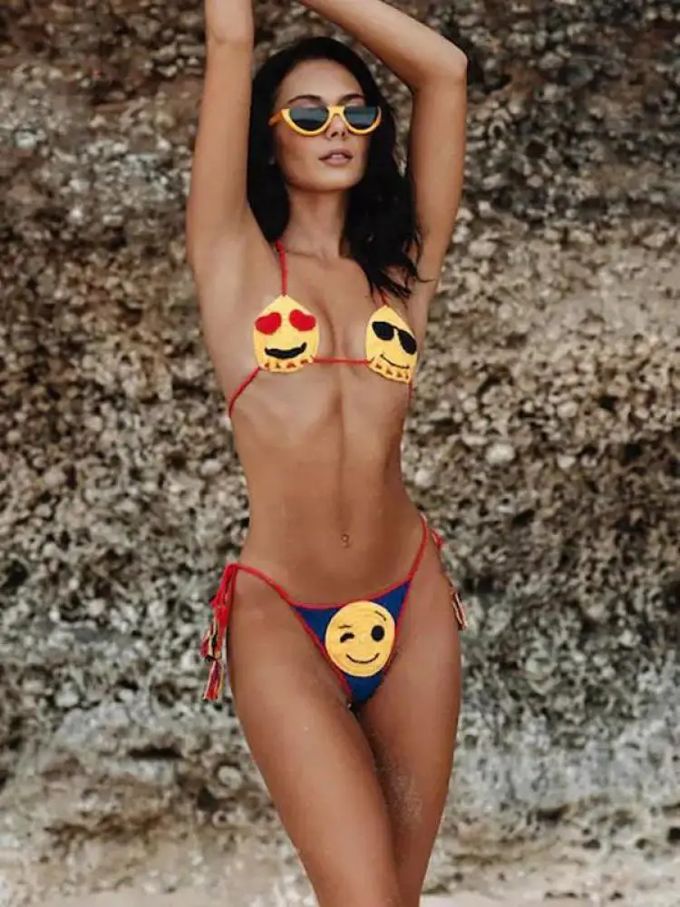 

Summer Women Emoticon Patchwork Crochet Knitted Halter Bandage Tops And Sexy Club Lace-up Beach Swimsuit 2025 Two-piece Set Chic