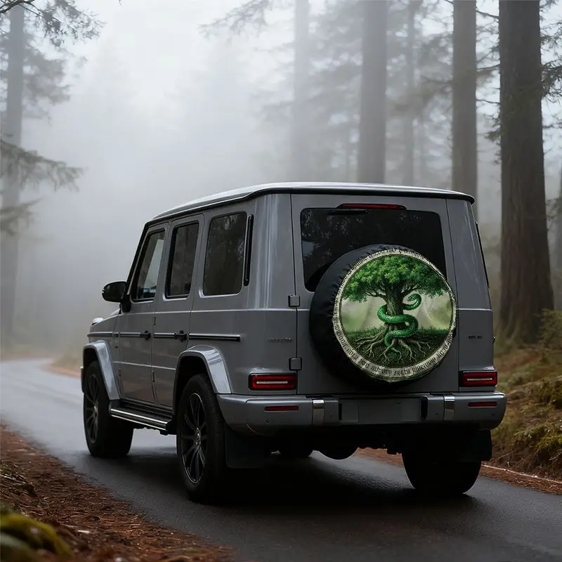 Funda para neumáticos con diseño de árbol de serpiente verde - Fibra de poliéster, diseño cuadrado, estilo bosque místico, ajuste universal para vehículos recreativos, SUV y camionetas