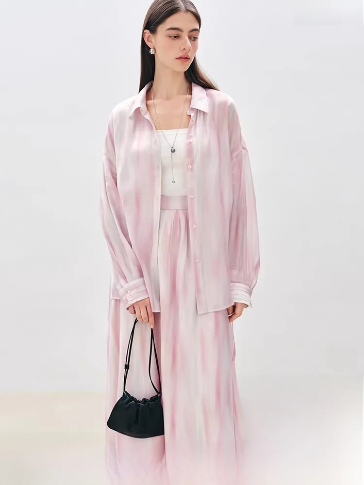 

Женский комплект: топ с принтом и юбка, фиолетовый, с эффектом тонкой пленки, юбка-закат, длинный рукав, застежка на пуговицы, модный комплект