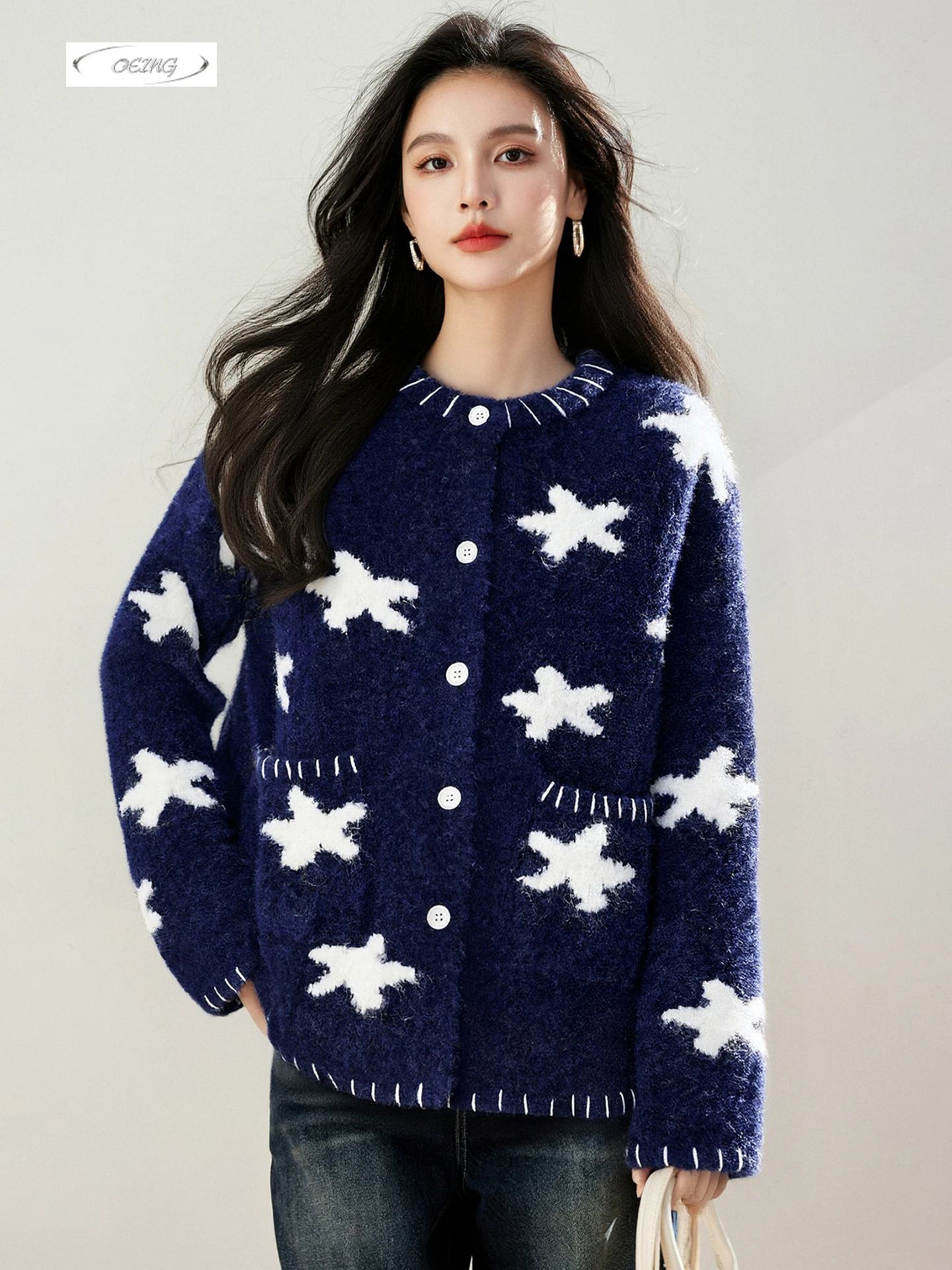 

Осень-зима, толстый жаккардовый свободный вязаный кардиган со звездами, женский винтажный элегантный однобортный пальто с круглым вырезом, топы 9755