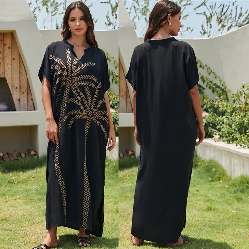 فستان شاطئ طويل مطبوع عليه طباعة شجرة جوز الهند ، سروال أسود ، غطاء بيكيني ، التفاف ، الستر ، ملابس سباحة ، تغطية