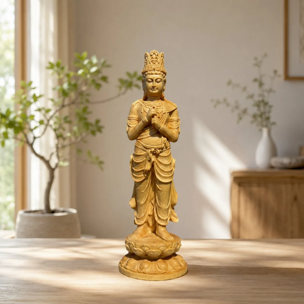 Hand Carved Hinoki Wood Mahavairocana Buddha Statue for Traditional Zen Buddhist Home Living Room Office Desk Decor Gift