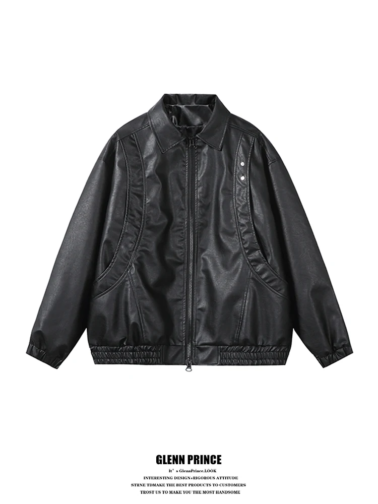 

GPstudio American Street Sle Rivet Collar Leather Jaet Men's New Fall Design Cool Motorcycle Outerwear Casual Loose Fit