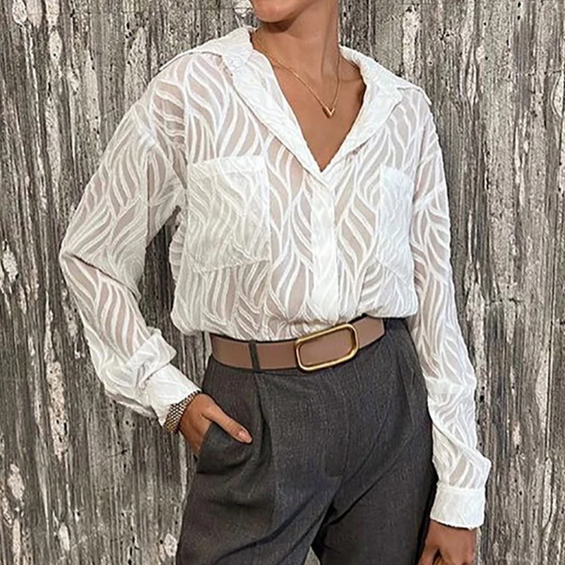 

Autumn Elegant Laple Casual Office Blouse 2023 Fashion Women See Through Simple White Shirt Pocket Loose Long Sleeve Tops 29077