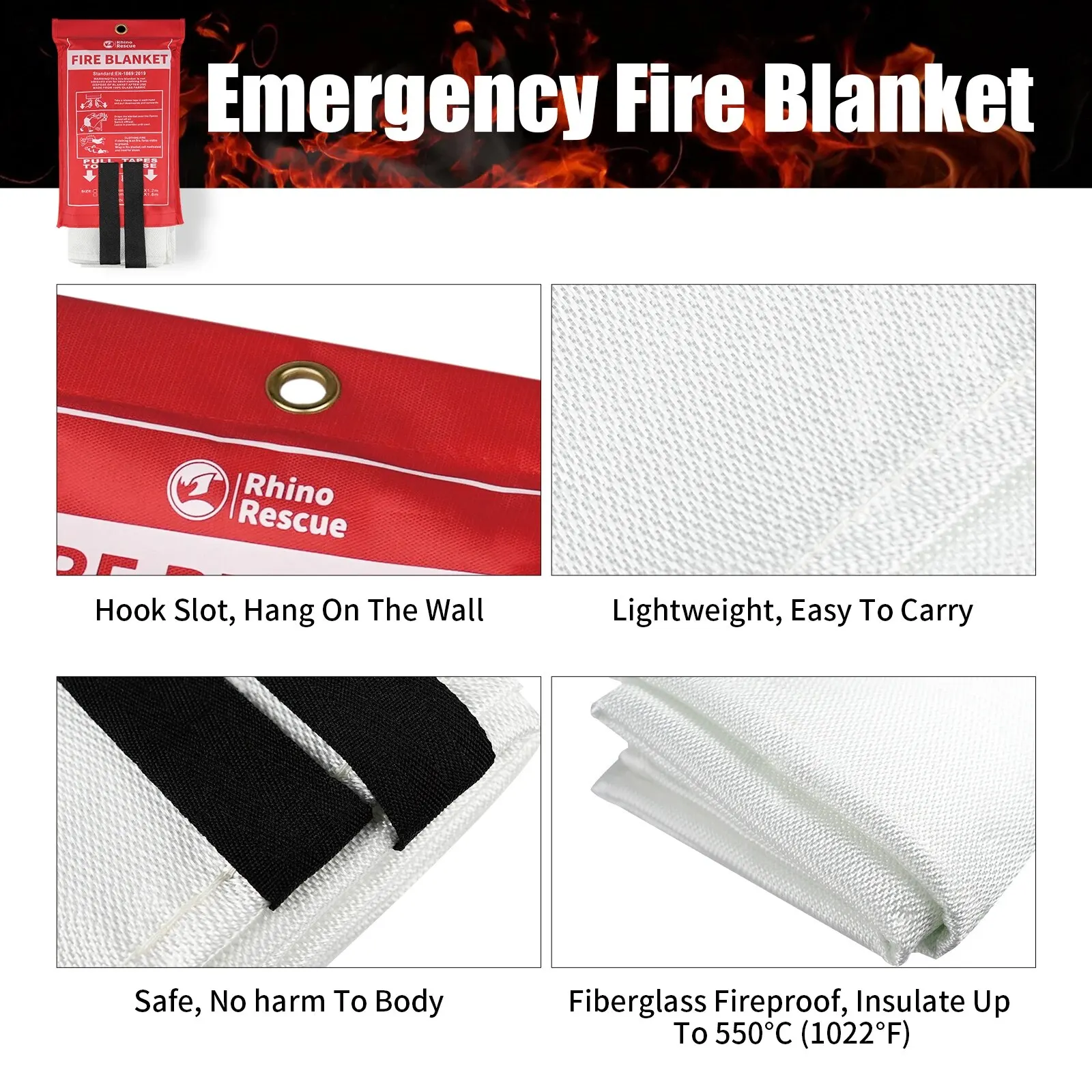 RHINO RESCUE Fire Blanket, 40\'\'×40\'\' Fiberglass Emergency Fireproof Gear, Flame Retardant Protection for Home, Kitchen