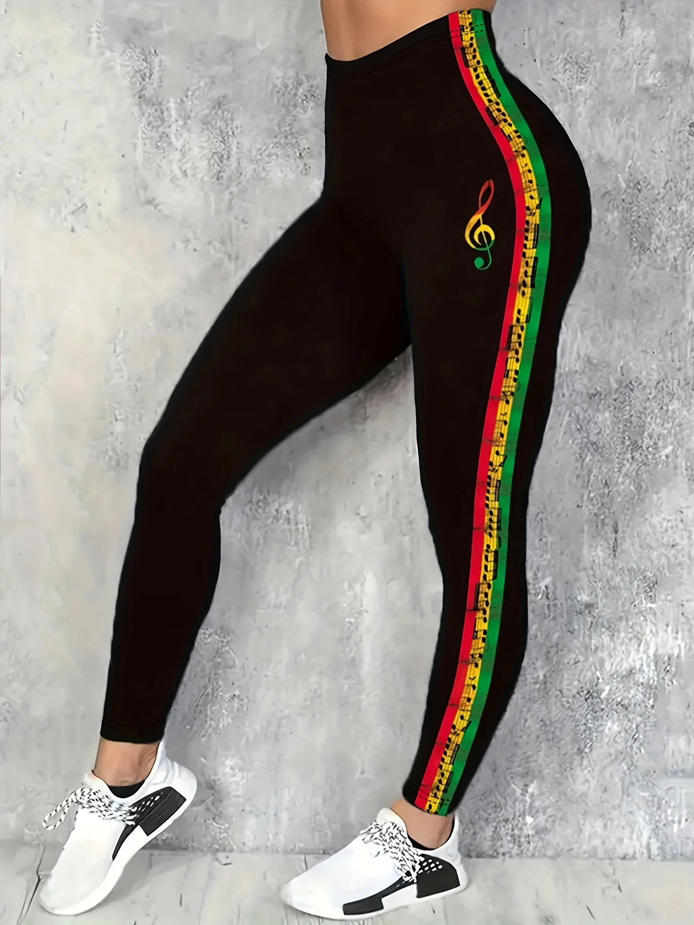 Women's Mid‑Rise Fleece Lined Leggings Color Side Stripe Music Note Print Stretch Warm Ladies Sports Casual Pants