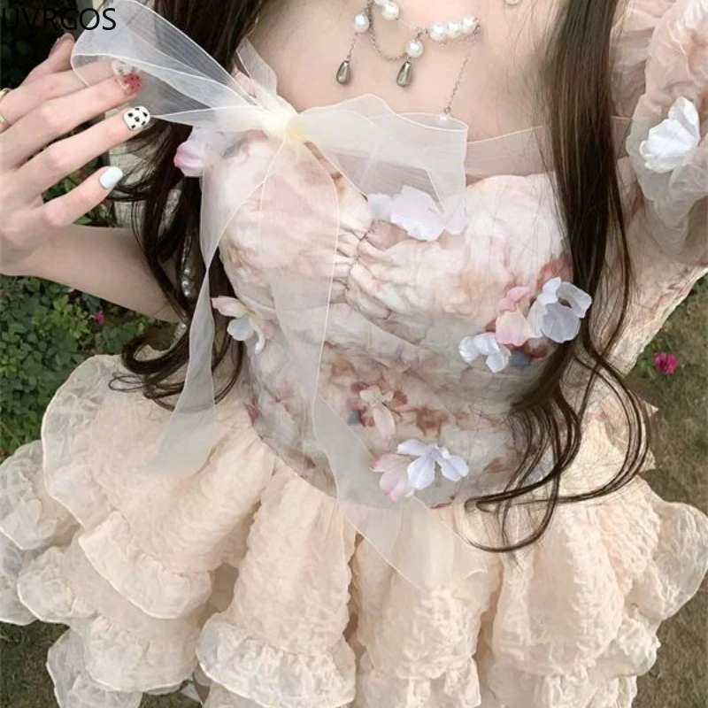 Summer Sweet Lolita Party Mini Dress Women Kawaii Lace Bow Ruffles Flowe Fairy Dresses Female Korean High Waist Princess Dresses