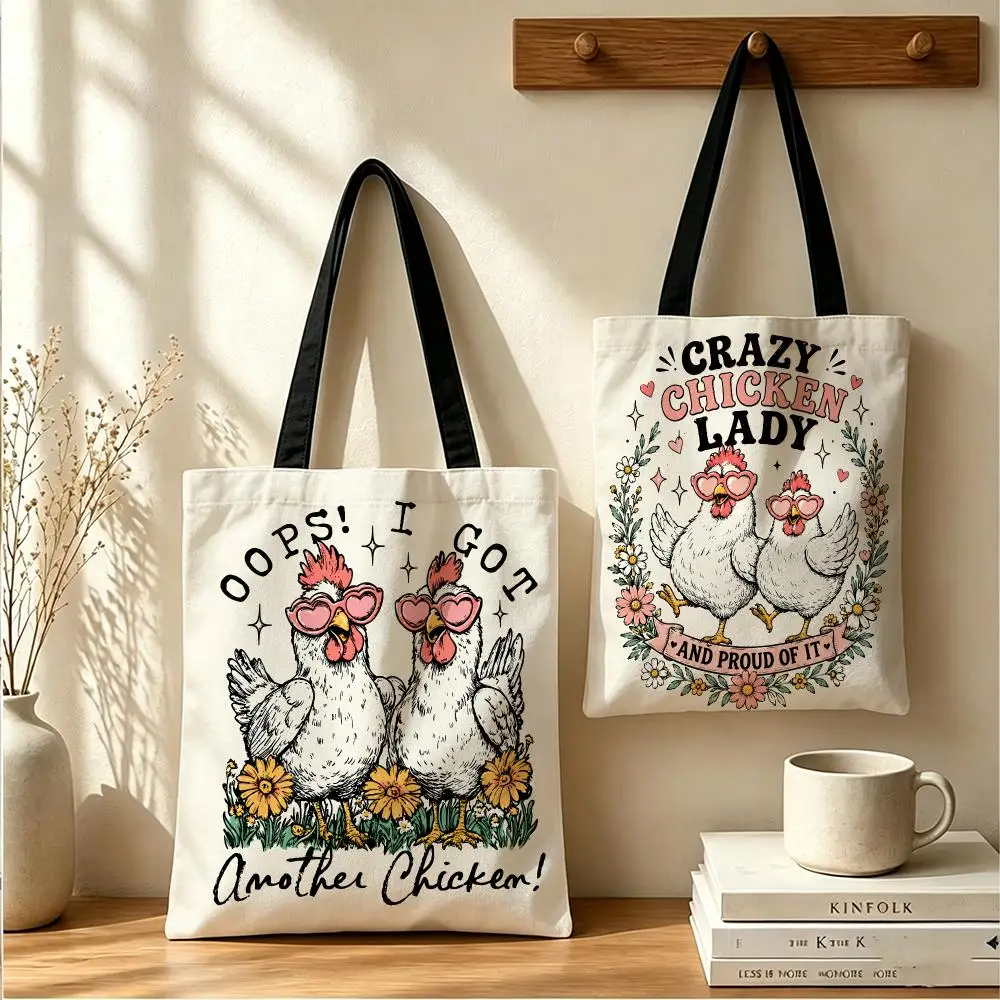 Oops I Got Another Chicken Storage Bags Canvas Tote Bag Women Large Capacity Reusable Shopping Shoulder Bag Daily Handbag