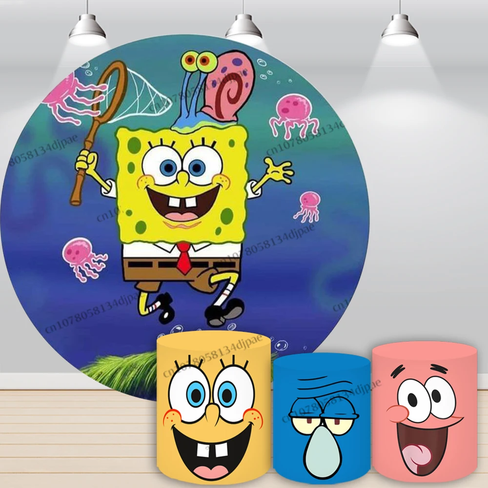 SpongeBob Alone Party Background Round Banner Boy Girl Happy Birthday Navy Blue Cylinder Cover Backdrop Decor Prop Photo Studio