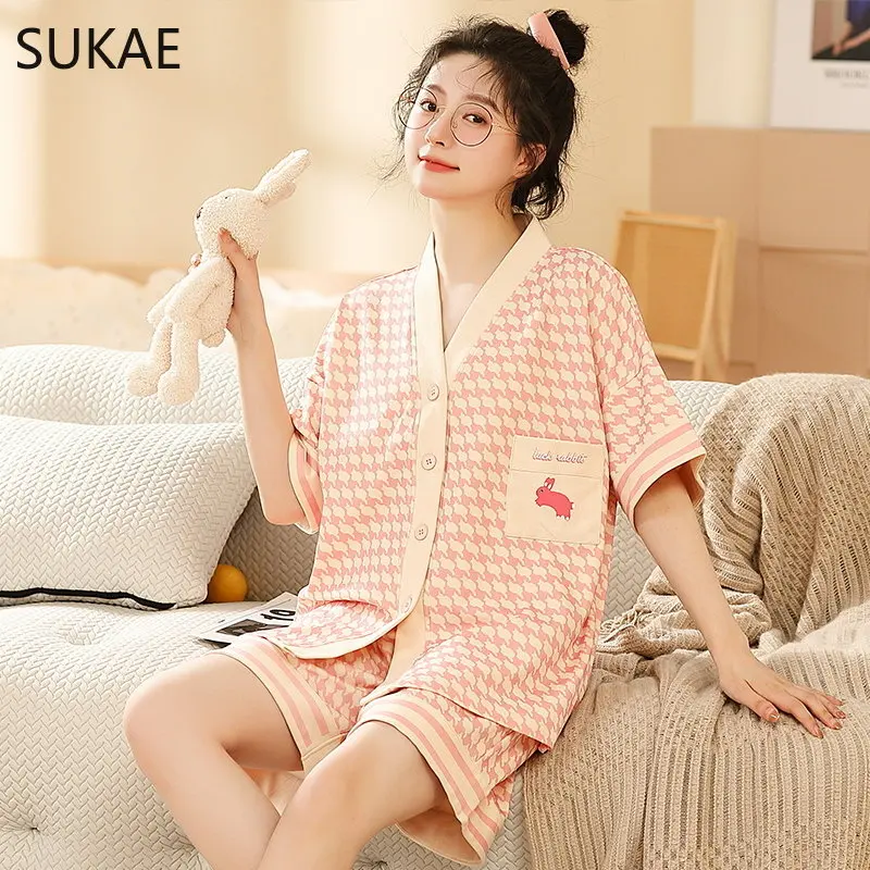 SUKAE M-5XL Japanese Kimono Style Sleepwear Womens Cardigan Summer Shorts Cotton Homsuits Lady 2 Pieces V-neck Lounge Nightwear