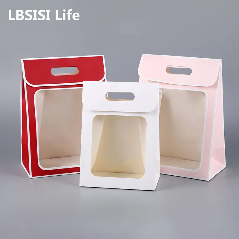 LBSISI Life 24pcs Gift Paper Bags Flower Transparent Window Bag For Cosmetic Clothes Christmas Birthday Party Favor Decoration