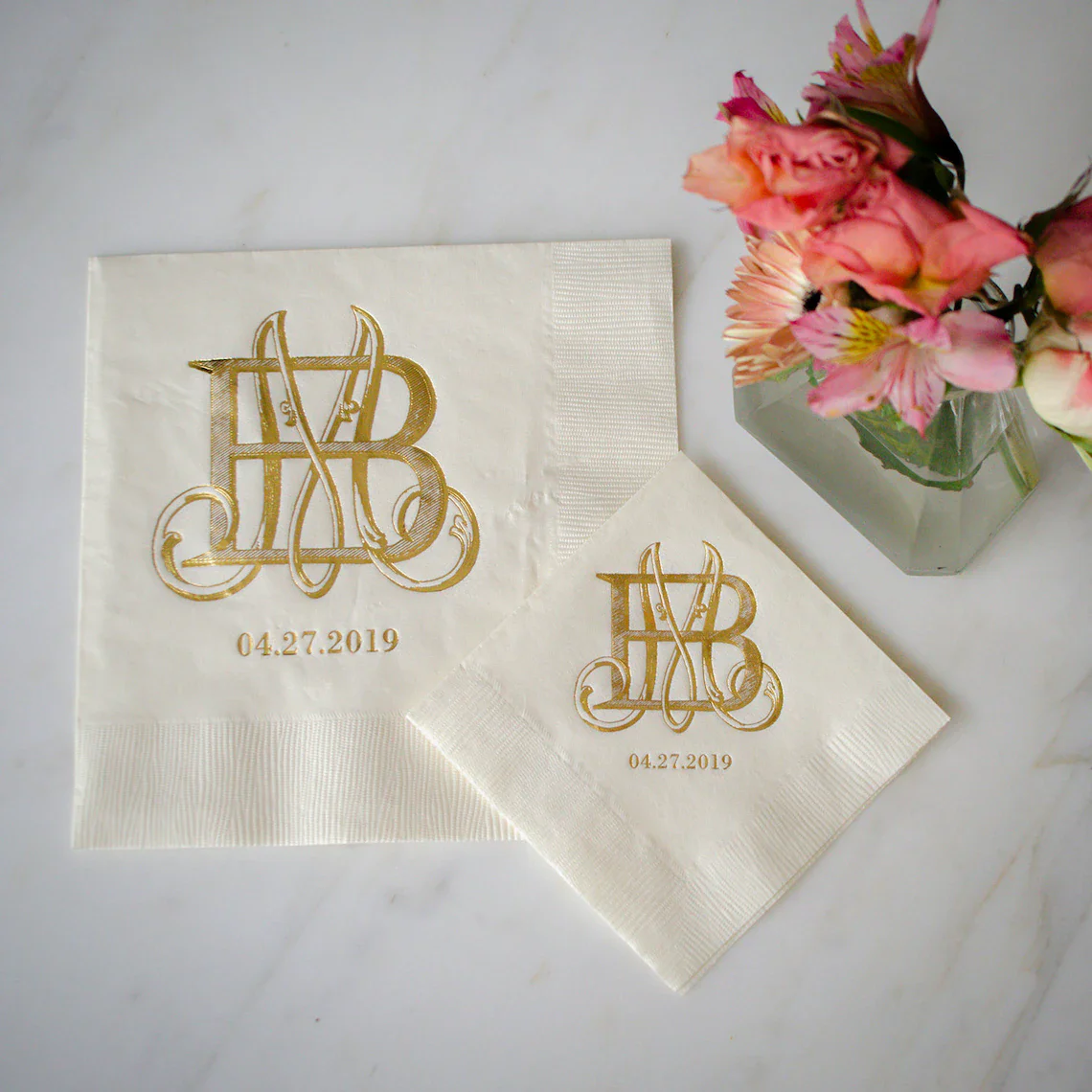 Gold Foil Print Cocktail Napkins, Interlocking Monogram Ivory Napkins, Interlocking Monogram Elegant Wedding Decor, Appetizer Na