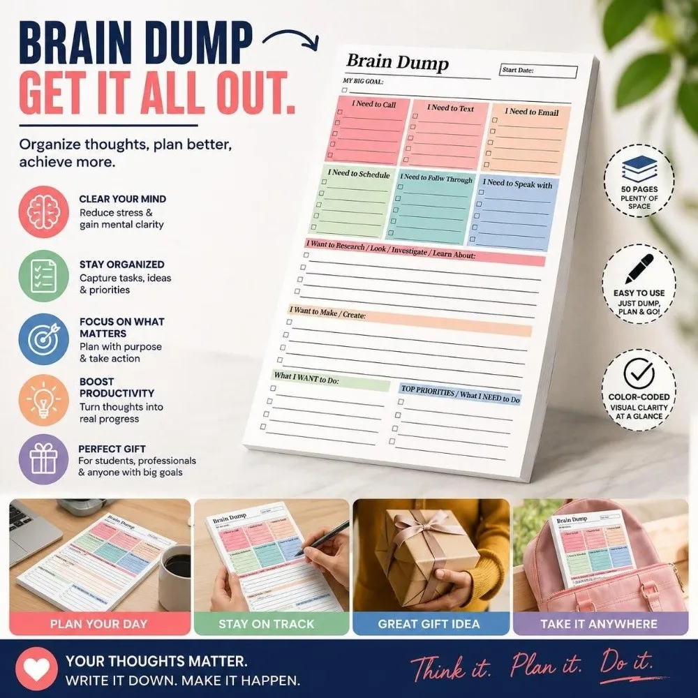 2Pcs 25 Sheets Brain Dump Notebook Tear Away Design A5 Size Daily Planning Manual High-Performance Creative To-Do Planner