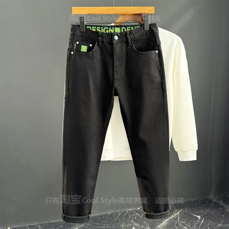 Embroidered black jeans for men, slim fit with small feet, trendy brand men's clothing, elastic autumn new casual long pants