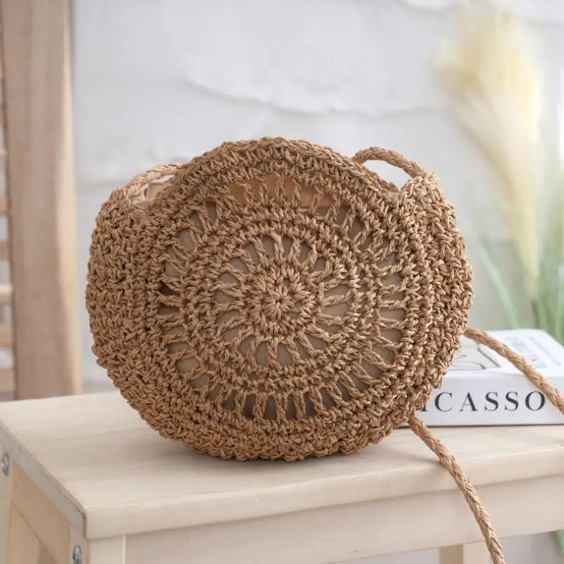 Hollow Straw Bag Circle Rattan Bag Round Soft Paper Rope Shoulder Bag Tassel Summer Beach Handmade Crossbody Bags