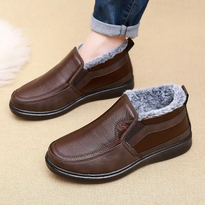 Faux fur lined leather sneakers man casual trend winter boots grandpa warm slip on shoes men\'s waterproof ankle boots male shoes