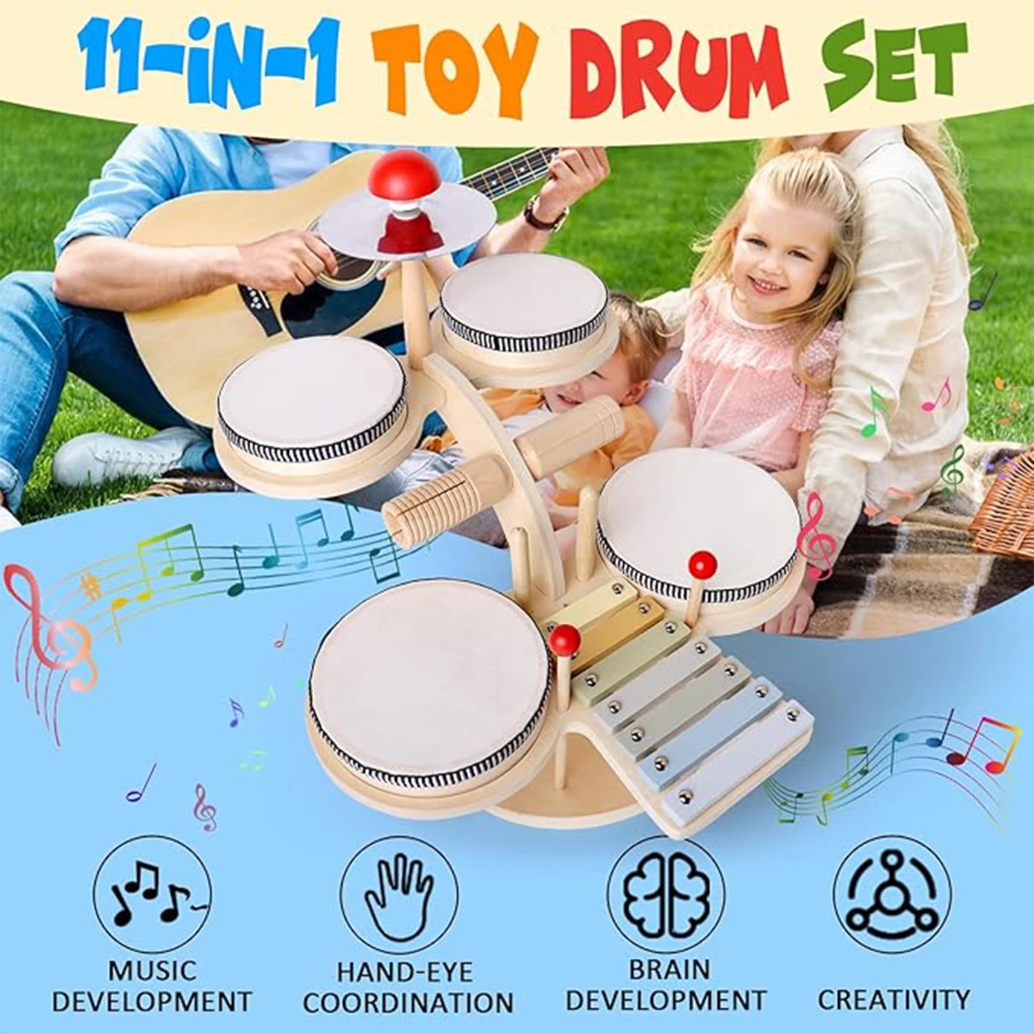 Kids Drum Set for Toddlers, Wooden Xylophone & Musical Instruments Kit, 8 in 1 Wooden Xylophone Musical, Montessori Toys for Boy