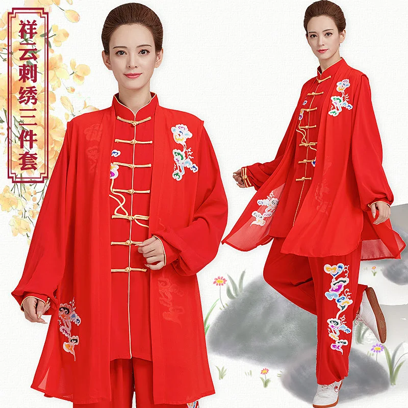 Women's Tai Chi Suit Spring/Autumn Embroidered Flowing Chinese Red Martial Arts Competition Performance 3-Piece Set Training Wea