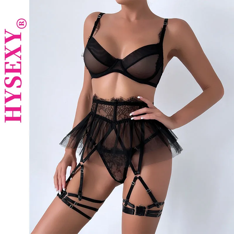 

HYSEXY Lingeries Garter Sets Baby Doll Lingerie Woman Sexy Outfit See Through Erotic Underwear Solid Color Super Short Skirt Set