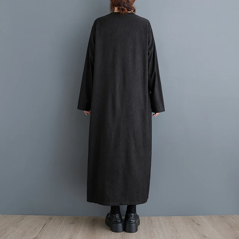 Casual Loose Long Sve Dr k Texture Lazy Sle Bla Color Basic Long Dr Polyester Cotton Blend H-ape Silhouette