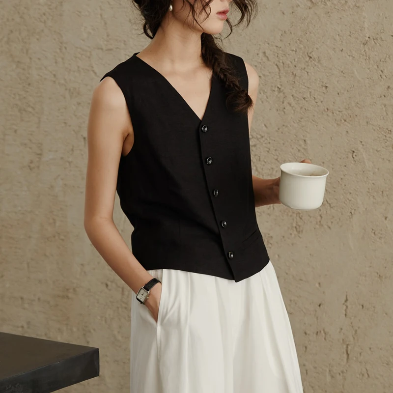 

Модные женские жилеты без рукавов, тонкие льняные укороченные топы, офисные повседневные жилетки, летний костюм, черный жилет-топ
