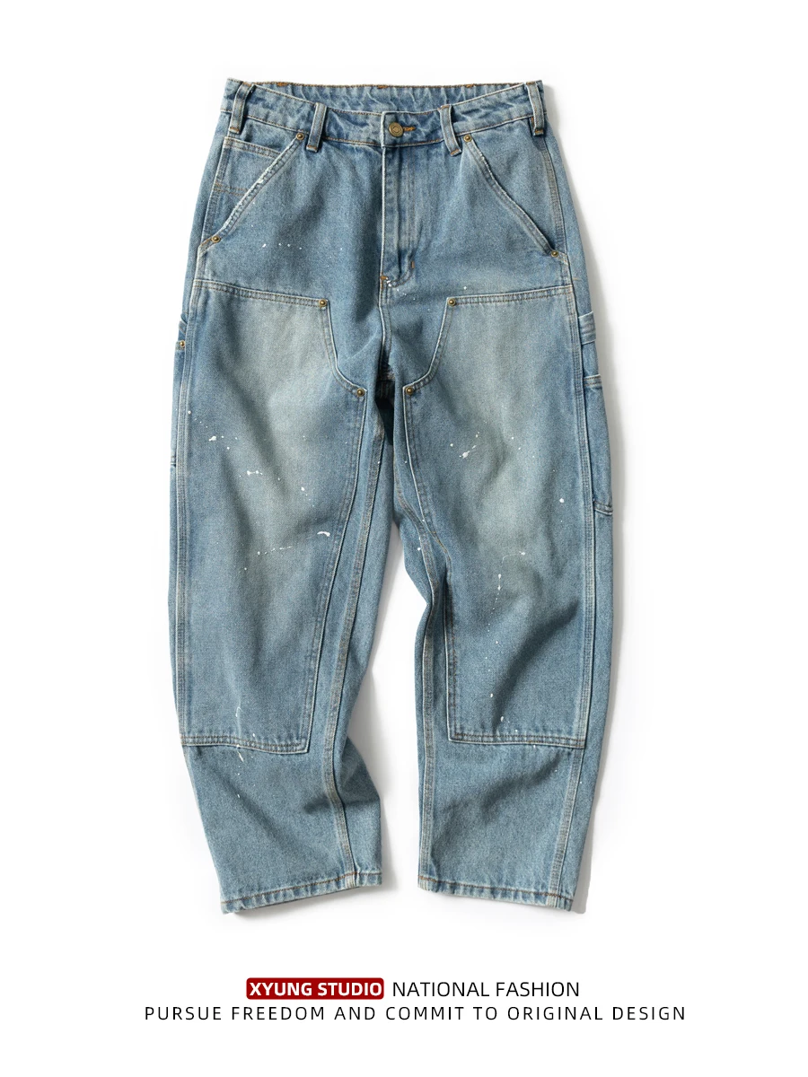 

Мужские повседневные хлопковые рабочие брюки-джинсы свободного кроя в американском стиле, прямые, длинные, из чистого хлопка, водонепроницаемые