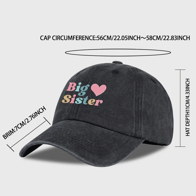 2026 New Big Sister Heart Print Vintage Washed Baseball Cap – Adjustable Size, Everyday Casual and Versatile Dad Cap