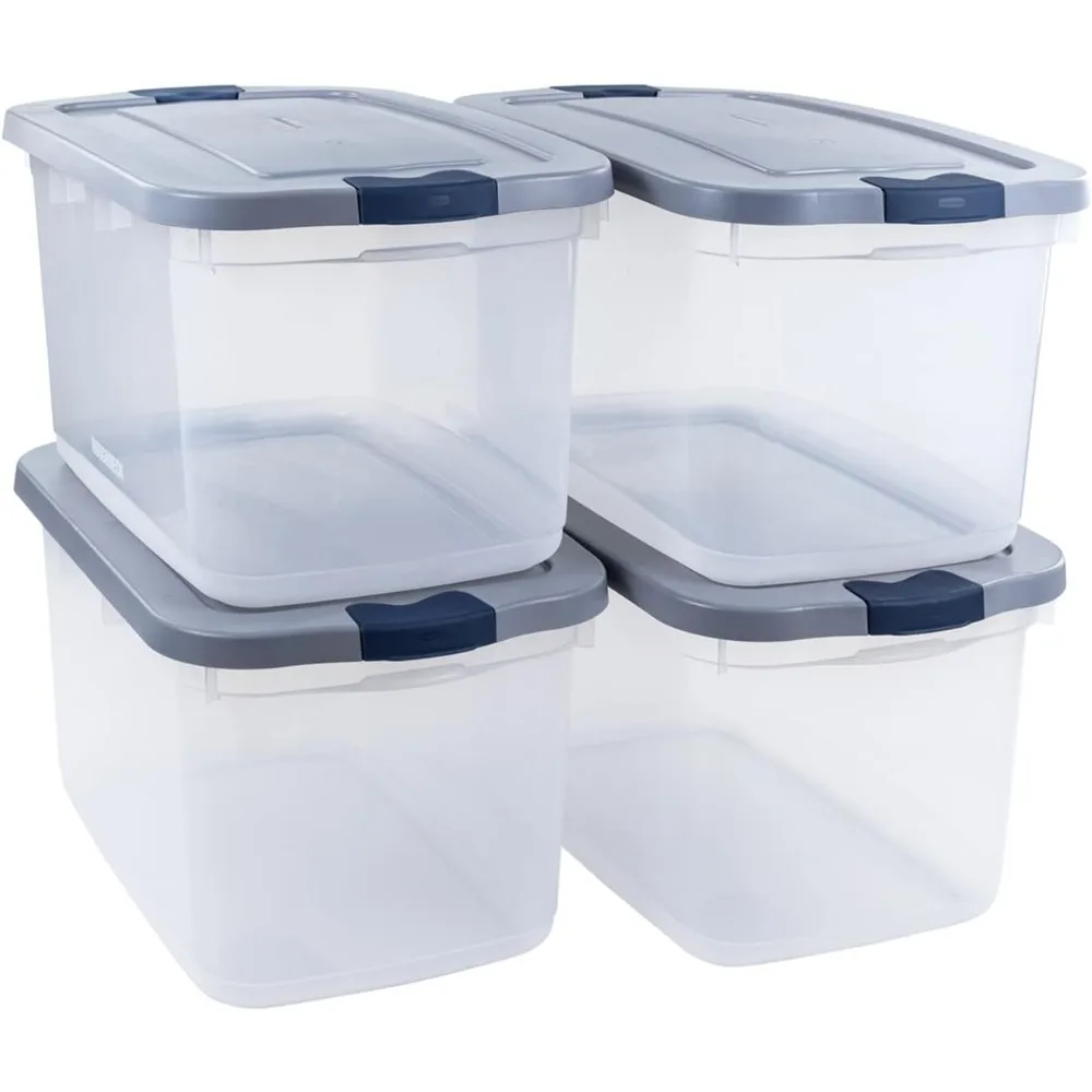 

Roughneck Clear 66 Qt/16.5 Gal Storage Containers, Pack of 4 with Latching Grey Lids, Visible Base, Sturdy and Stackable
