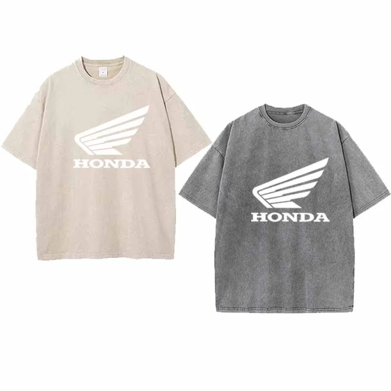 2026 Honda Logo Men's Summer T-shirt  Heavy Cotton Vintage Washed  Oversized Short Sleeve Loose Streetwear Short Sleeve Tops Tee