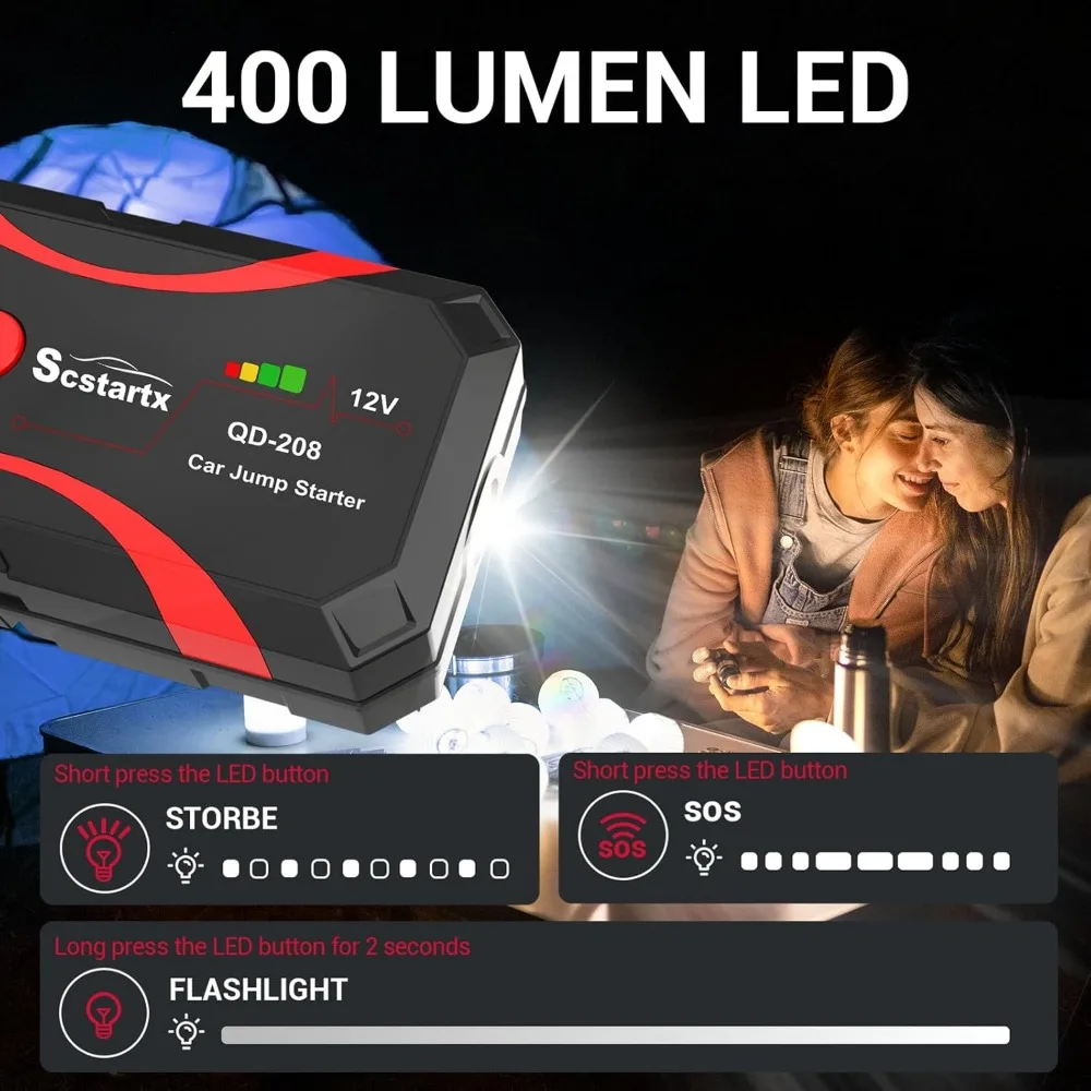 Arrancador de batería de coche 208, paquete de batería de energía portátil, caja de salto de pico de 2000A y 12V para motocicleta de hasta 7L de Gas y 4L diésel, 3 modos