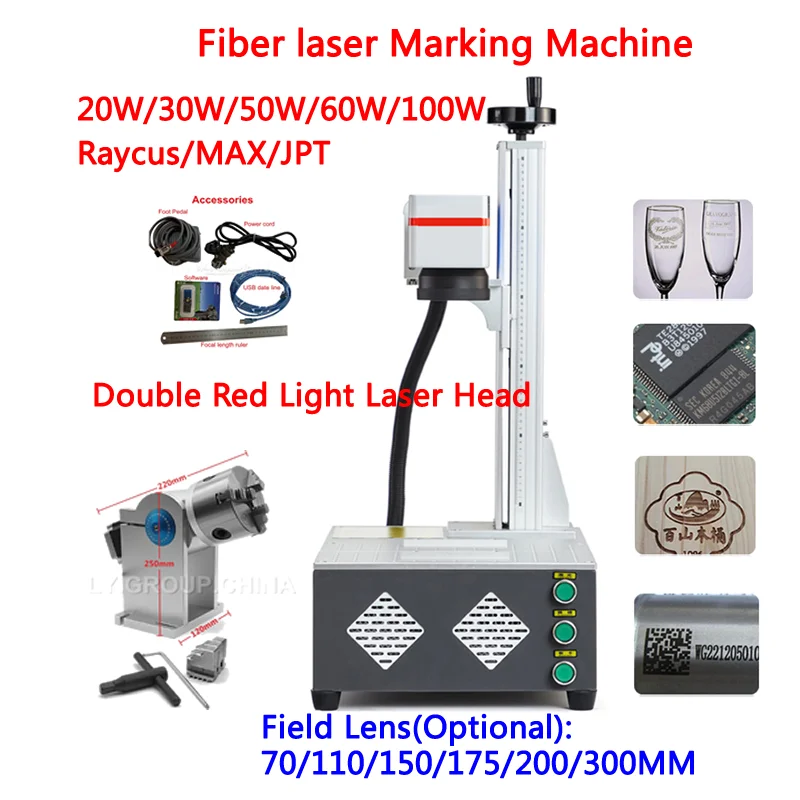 100W JPT M7 MOPA Fiber Laser Marking Machine 60W RAYCUS Metal Laser Engraving With Double Red Light Laser Head And Rotation Axis