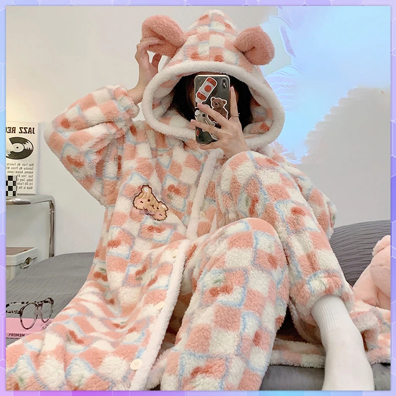 

Winter Women's Pajamas Hooded Robe Plus Size Thickened Pajama Sets Warm Homewear Long Sleep Nightgown Cute Pijama Feminina