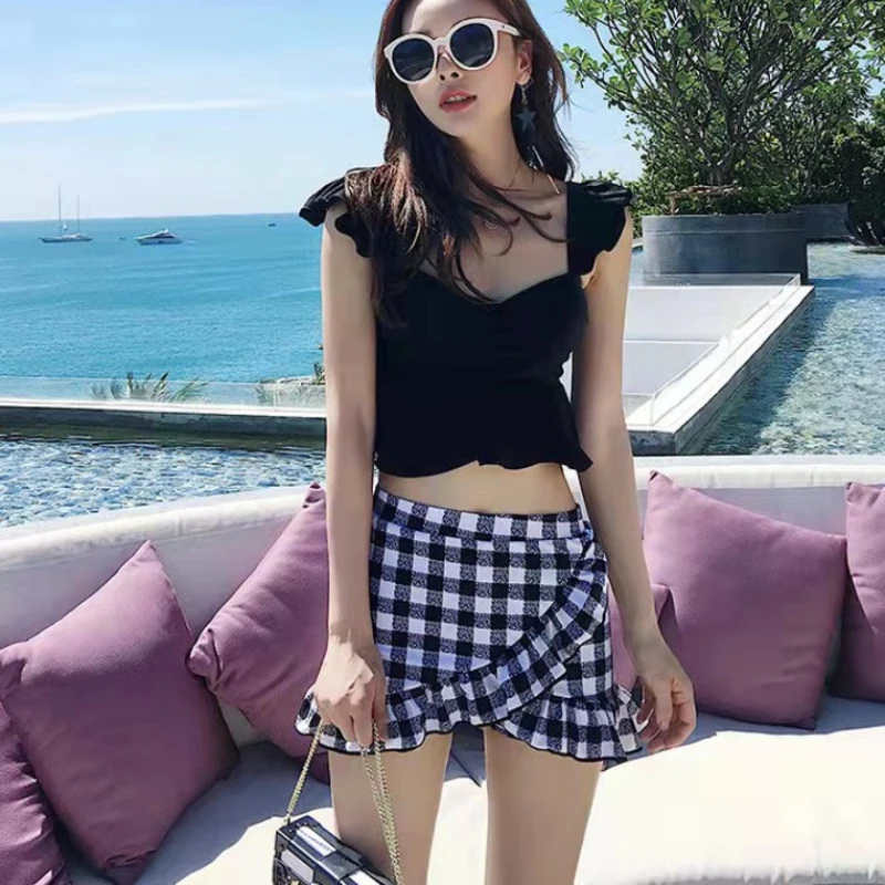 Perty Summer Flying Sleeve Bikini Set Woman's Ruffles Checkered Swimwear Skirt Beach Holiday Cloth Female Backless Sexy Swimsuit