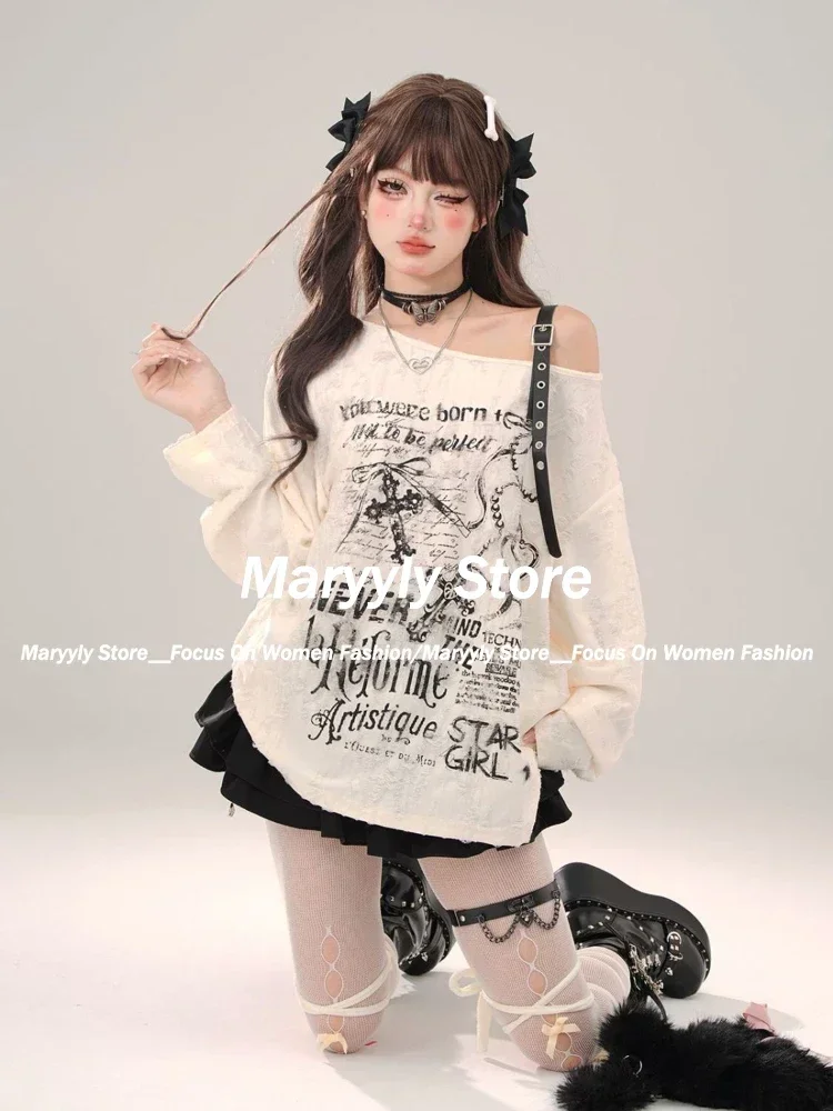 Y2k Gothic Grunge Dark Hollow Out T Shirt Women Harajuku Hollow Out Off Shoulder Sexy Tees Autumn Punk Letter Print Tops New