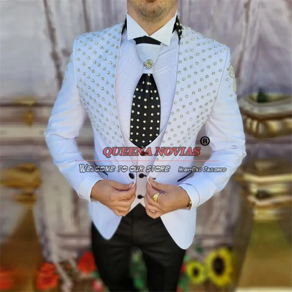 Traje de novio de lujo para hombre, esmoquin de boda con cuentas de cristales brillantes, fiesta de conjunto Formal de una sola botonadura, blazer de graduación, 3 piezas