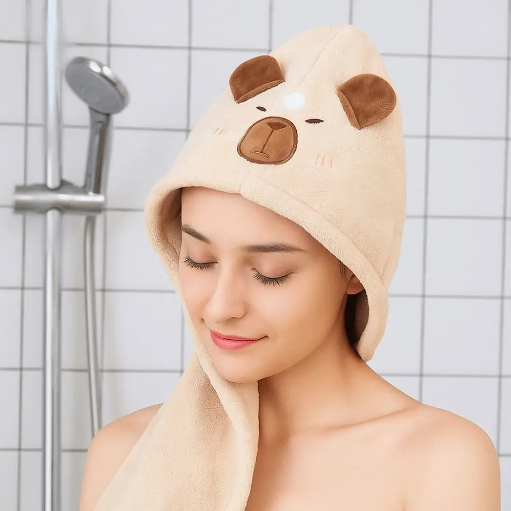 

2PCS Cute Accessory Kawaii Capybara Hair Drying Hat Soft Coral Velvet Towel Cap Portable Quick Dry Super Absorption Cap Home Use