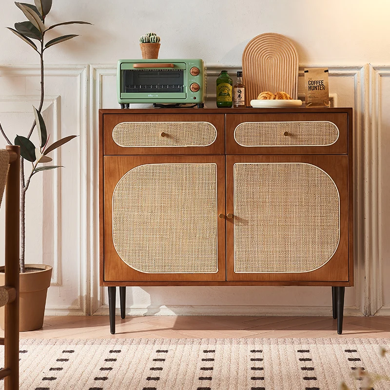 

Vintage solid wood dining rattan double-door drawer storage locker small household porch cabinet